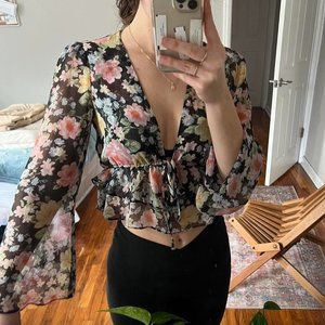 Long Sleeve V-Neck Floral Fairy Light Sheer Flowy Blouse